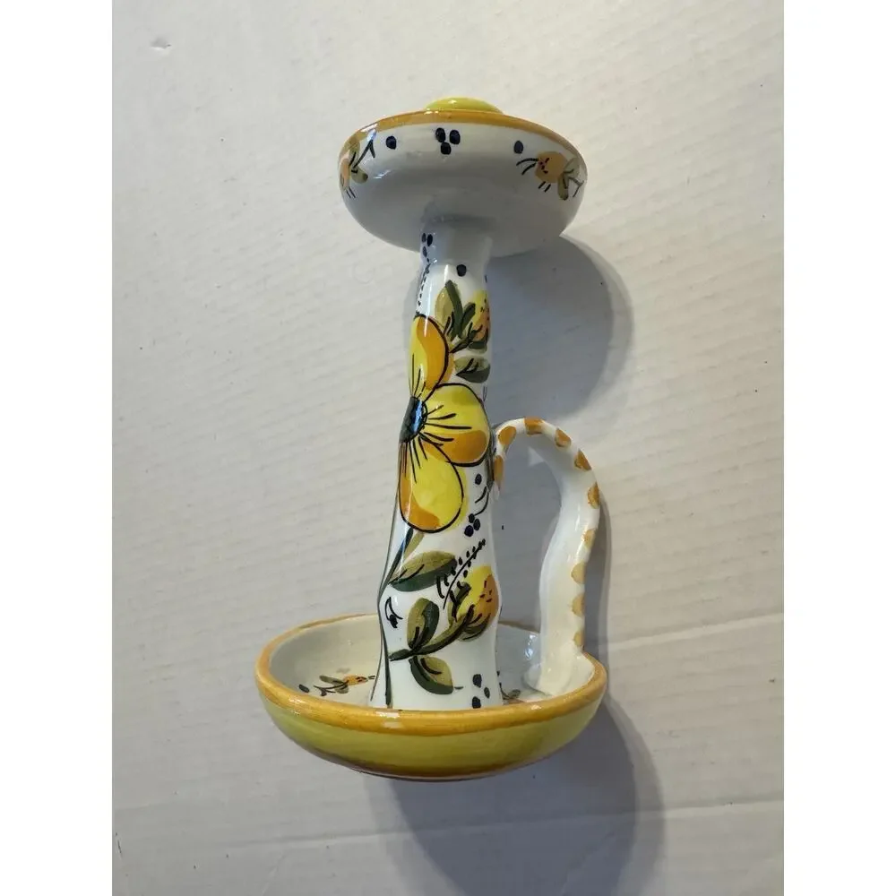 Yellow Floral Ceramic Candle Holder Round with Handle Hand Painted Spain Dish